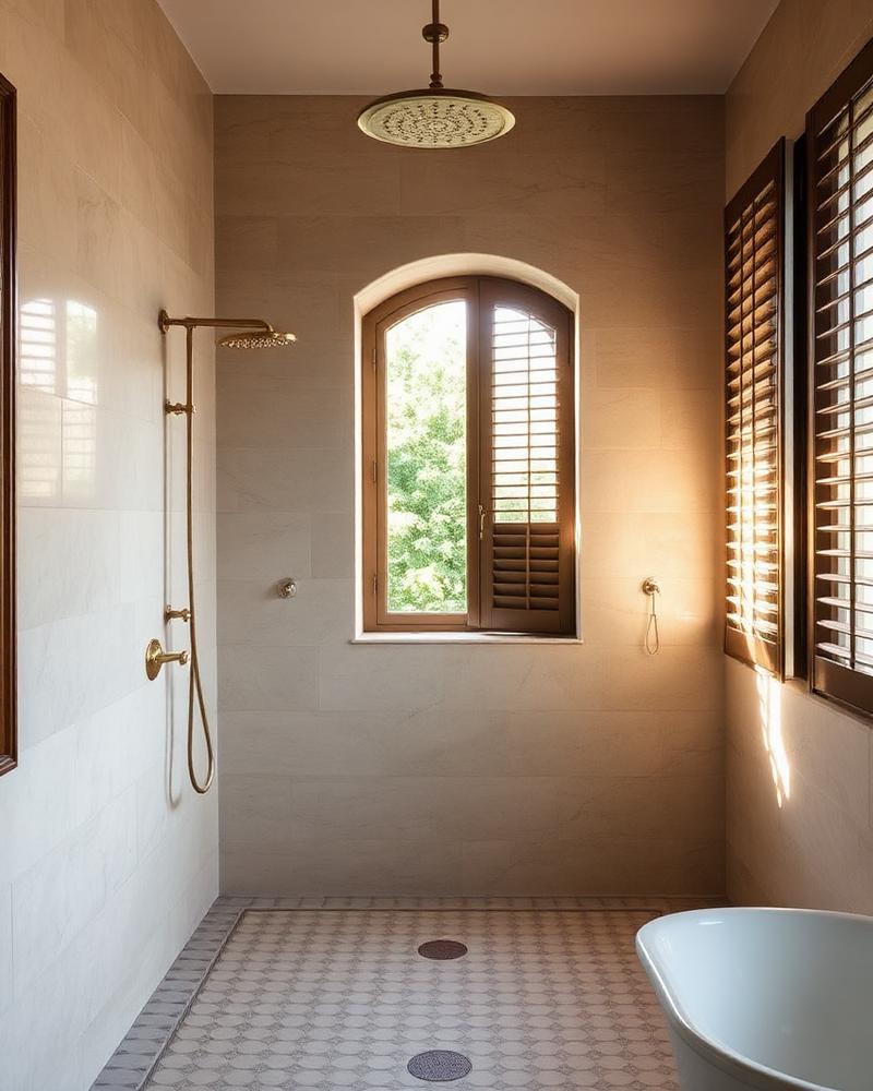 Travertine bathroom with brass rain shower and Italian ceramic floor tiles