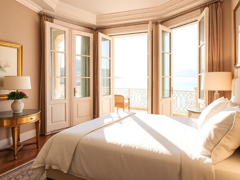 Master bedroom with king bed and French doors opening to a balcony over the Bay of Naples