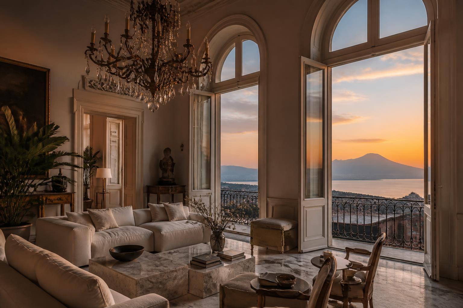 Living room of Jani Central Station overlooking the Bay of Naples at dusk with Mount Vesuvius in the distance