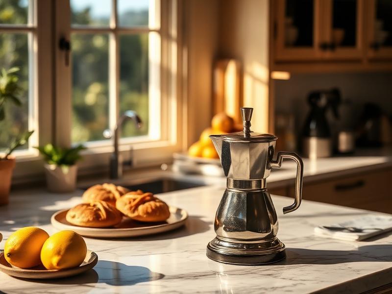 Italian moka pot on a marble kitchen counter with Amalfi lemons